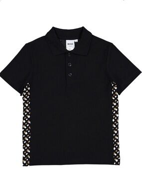 Boss Slim Fit Black Polo Geometric Side Panels Boys Size 16 Medium Short Sleeve